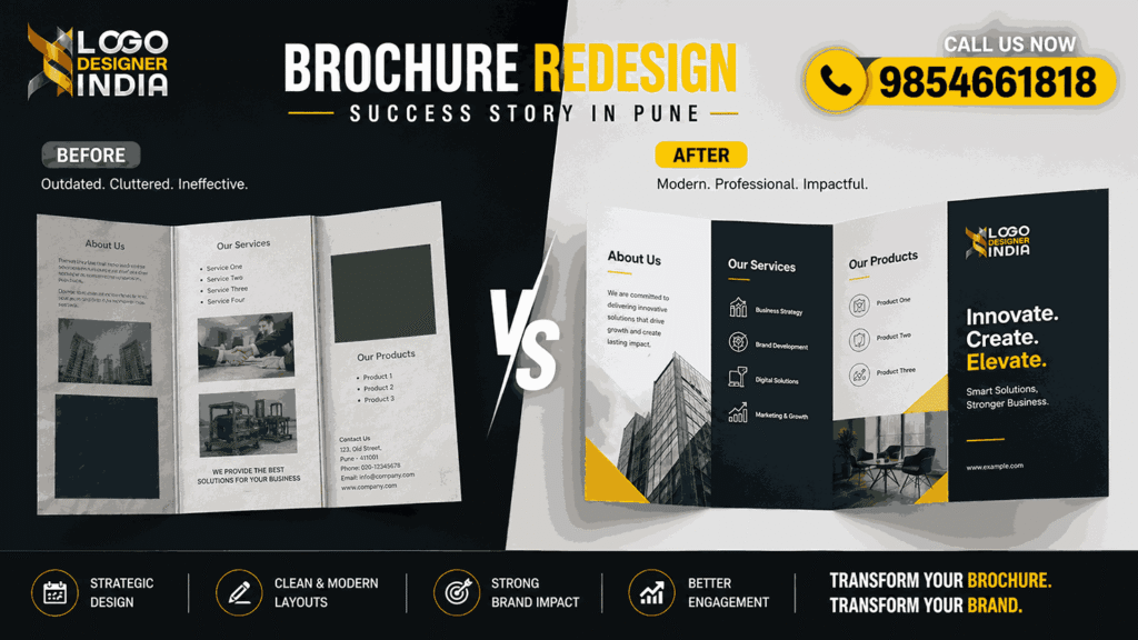 Before and after brochure redesign example by a brochure design company in Pune showcasing modern corporate branding and professional layout improvements