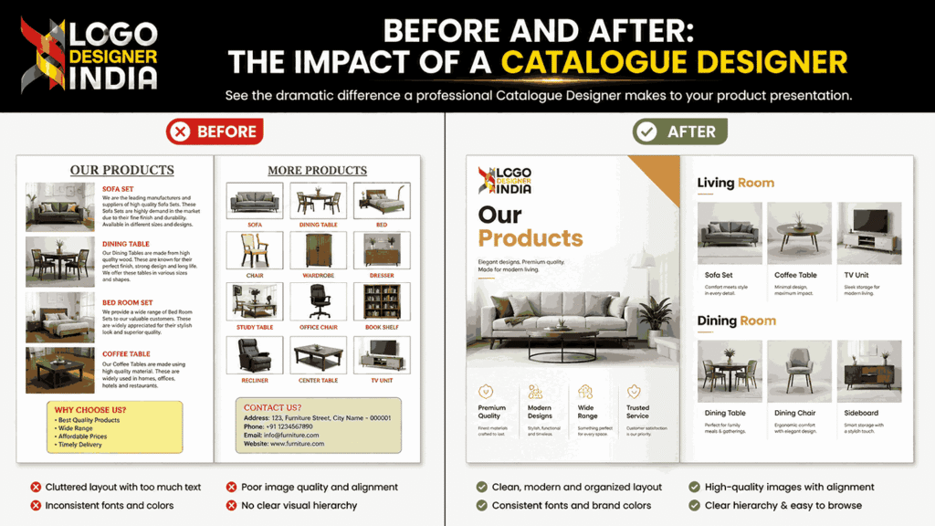 Catalogue Designer before and after professional redesign comparison