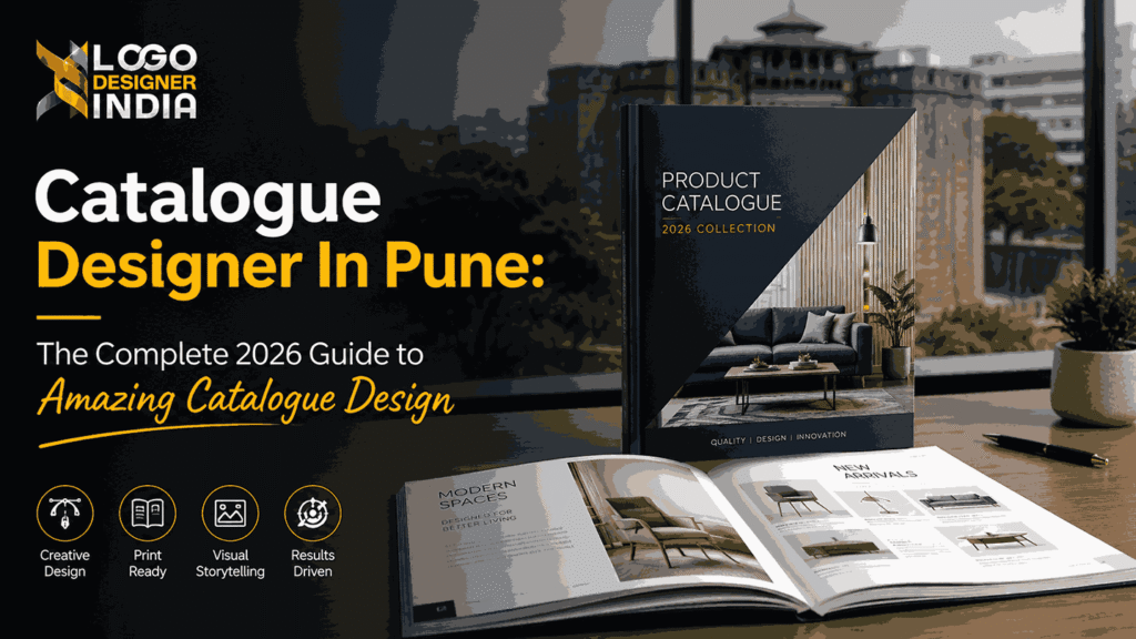 Professional cover image for Catalogue Designer in Pune featuring catalogue mockups, Logo Designer India branding, and modern catalogue design workspace.