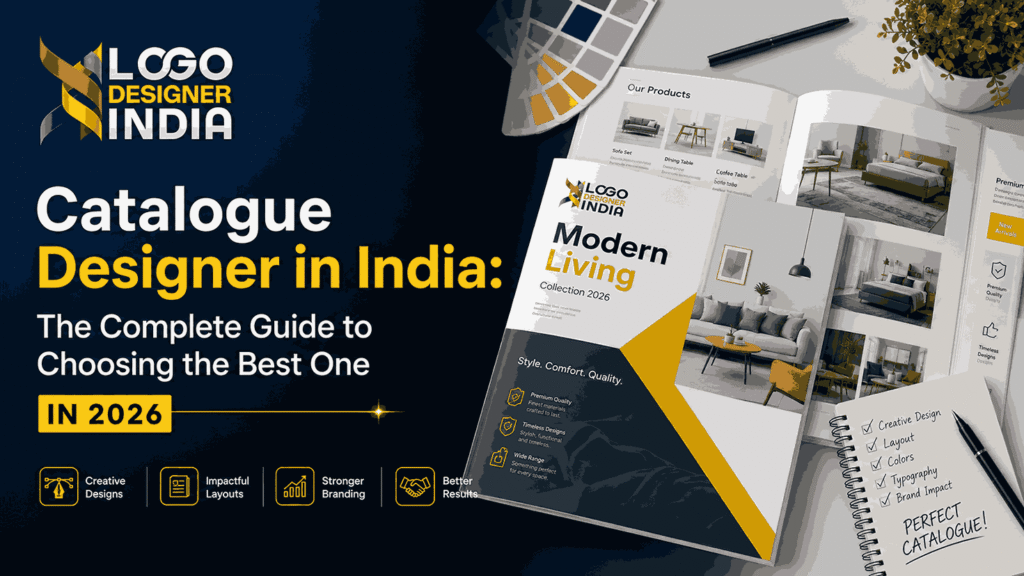 Catalogue Designer in India complete guide 2026 cover image featuring professional catalogue design samples and Logo Designer India branding