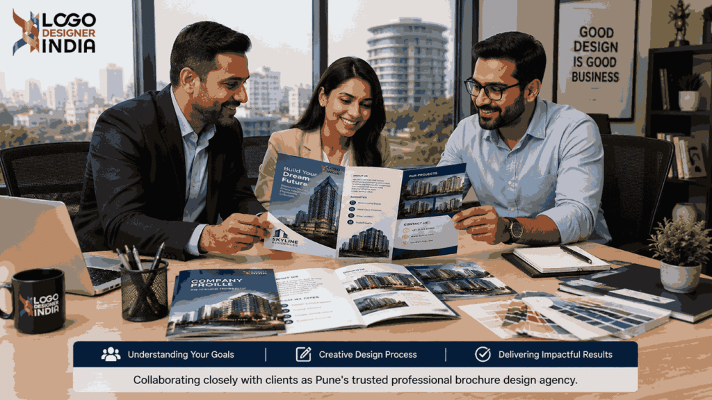 Clients reviewing premium brochure samples with a professional brochure design agency in Pune during a collaborative design consultation.