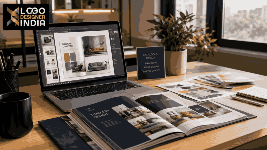 Corporate catalogue designing company in Pune workspace showing catalogue layout design
