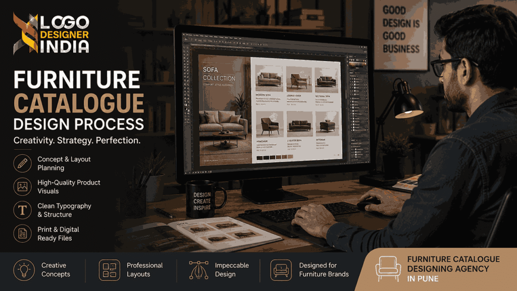 Designer working with furniture catalogue designing agency in Pune on layout process