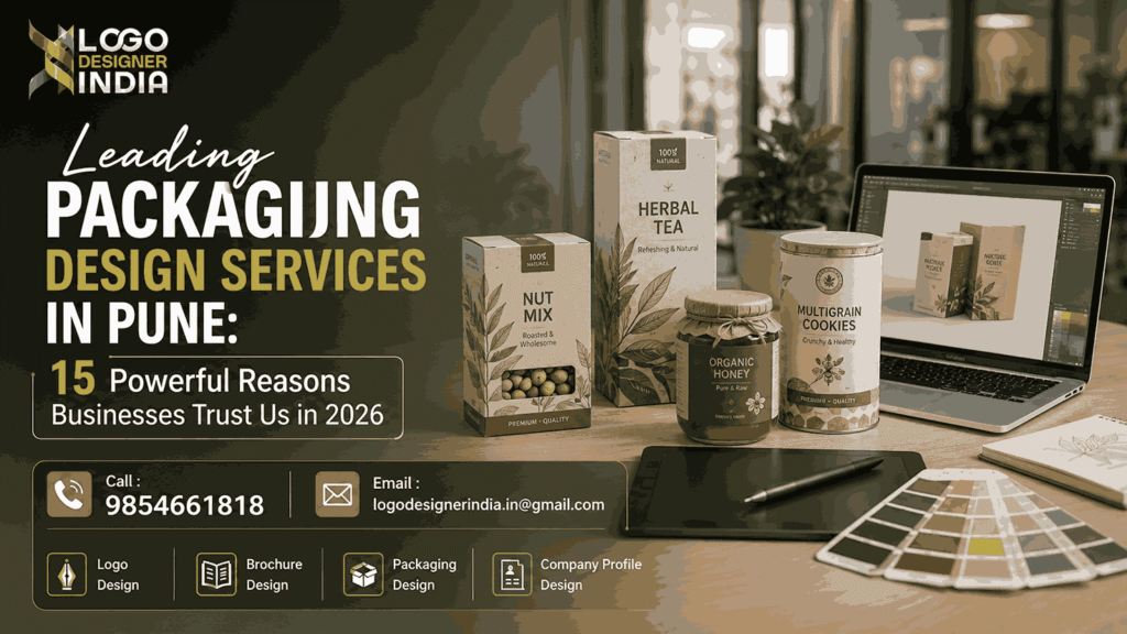 Leading Packaging Design Services in Pune workspace showcasing modern product packaging design with realistic branding concepts by Logo Designer India.