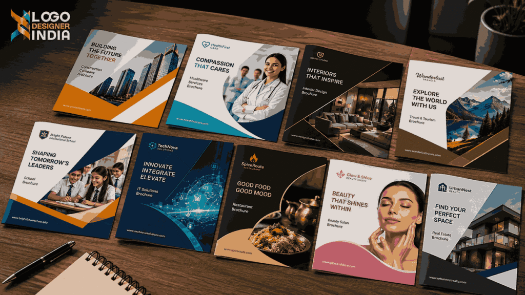 Portfolio of brochure design services in Pune by Logo Designer India featuring a collection of professionally designed brochures across multiple industries.