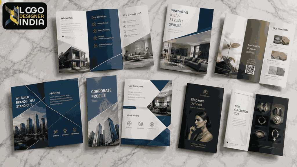 Professional brochure design service in Pune showcasing Logo Designer India portfolio with multiple brochure fold styles and premium layouts.