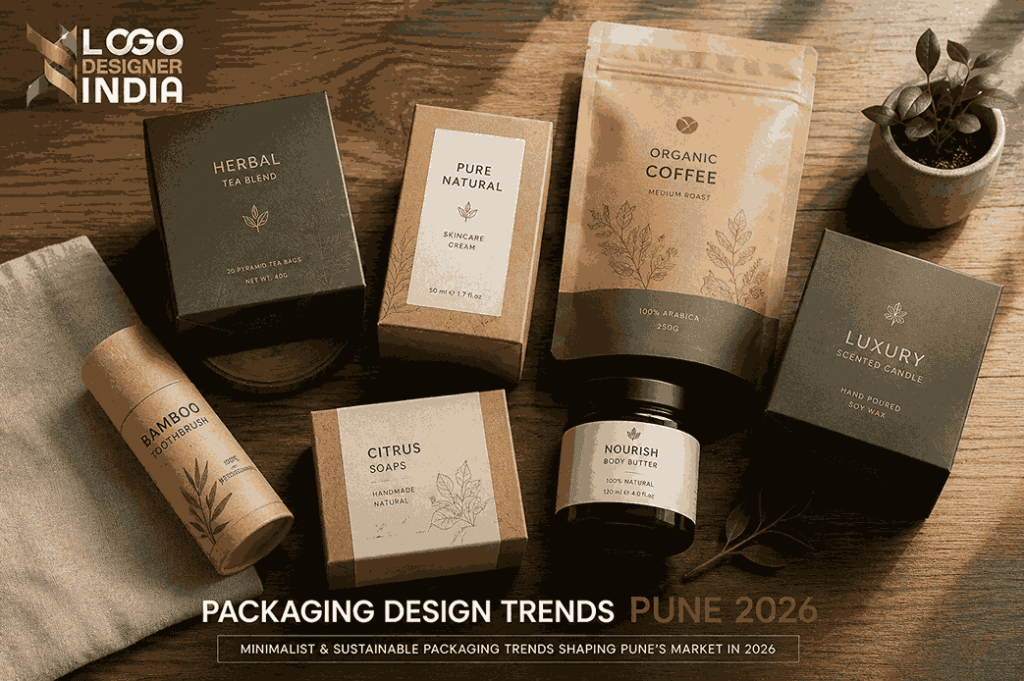 Modern minimalist product packaging showcasing the latest trends by a leading Packaging Design Company In Pune in 2026.