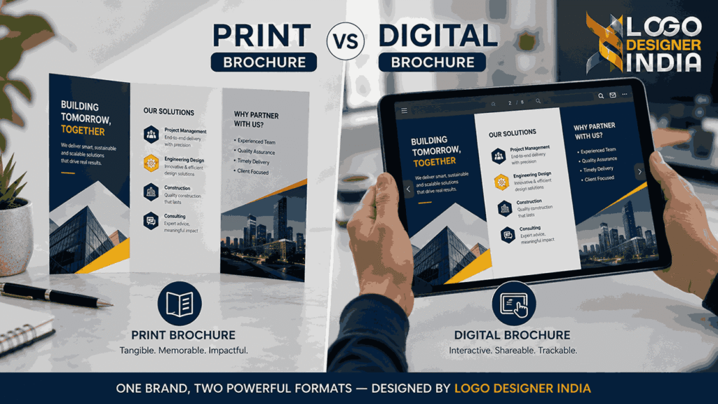 B2B Brochure Designing Agency in Pune showcasing professional print vs digital brochure design solutions for corporate businesses.
