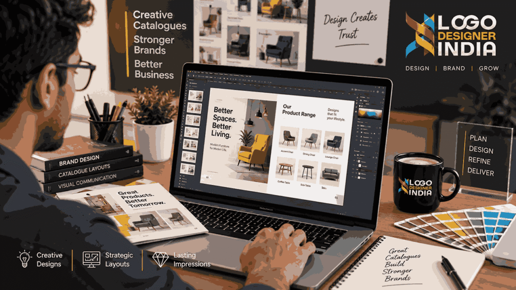 Designer creating professional product catalogue design services layout