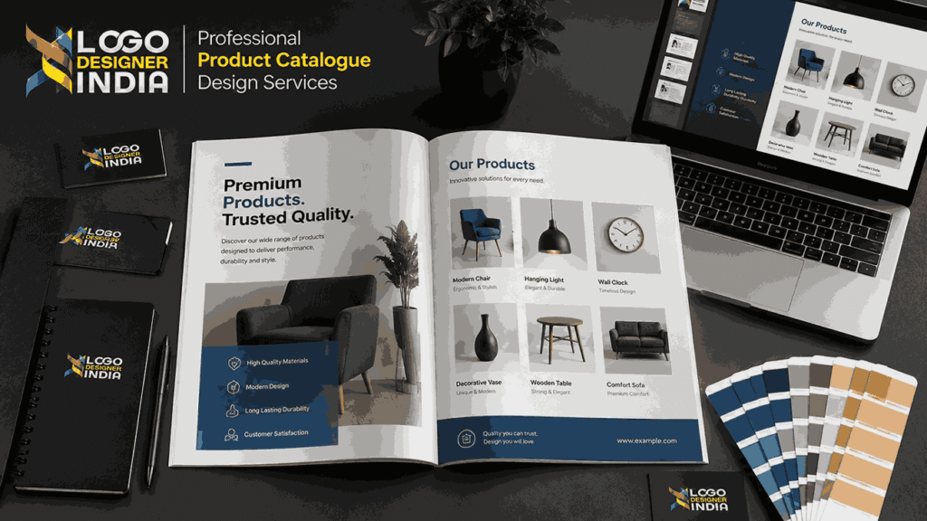 Professional product catalogue design services mockup with branding elements