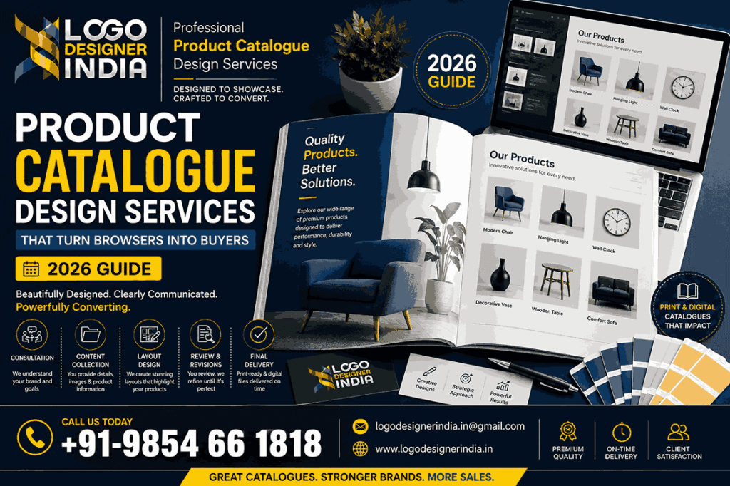 Product Catalogue Design Services That Turn Browsers Into Buyers (2026 Guide) cover image by Logo Designer India featuring a modern catalogue mockup and branding elements.