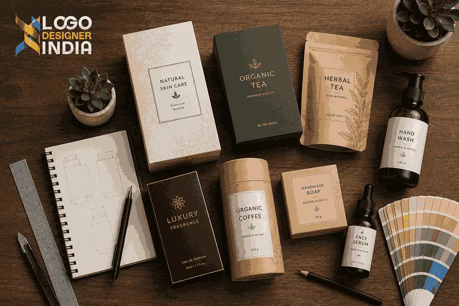 Product packaging design company in Pune showcasing box, pouch, and bottle mockups