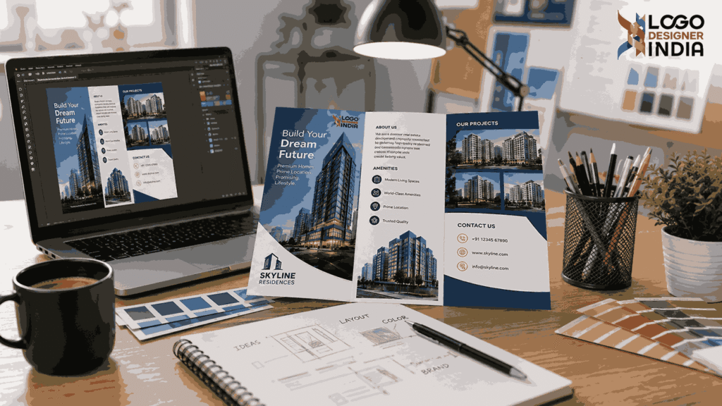 Professional brochure design agency in Pune creating a premium tri-fold brochure on a modern designer workspace with Logo Designer India branding.