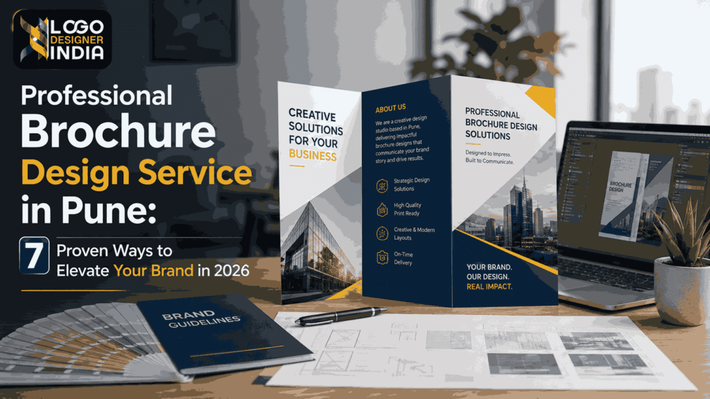 Professional Brochure Design Service in Pune cover image showcasing creative brochure mockups and Logo Designer India branding.