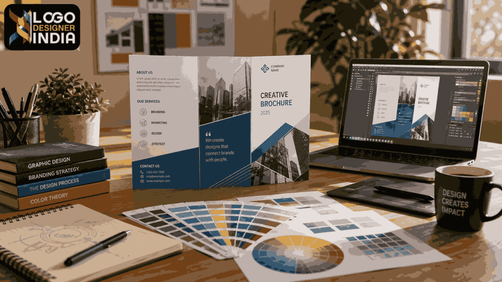 Professional brochure design service in Pune with brochure mockup on a modern designer workspace.