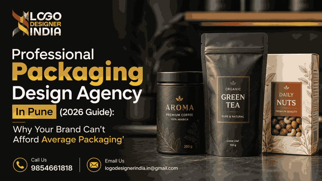 Professional Packaging Design Agency In Pune (2026 Guide) by Logo Designer India featuring premium product packaging mockups, branding solutions, and modern packaging design services.