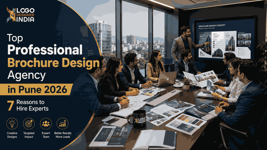 Professional brochure design agency in Pune presenting brochure concepts during a client meeting with Logo Designer India branding.