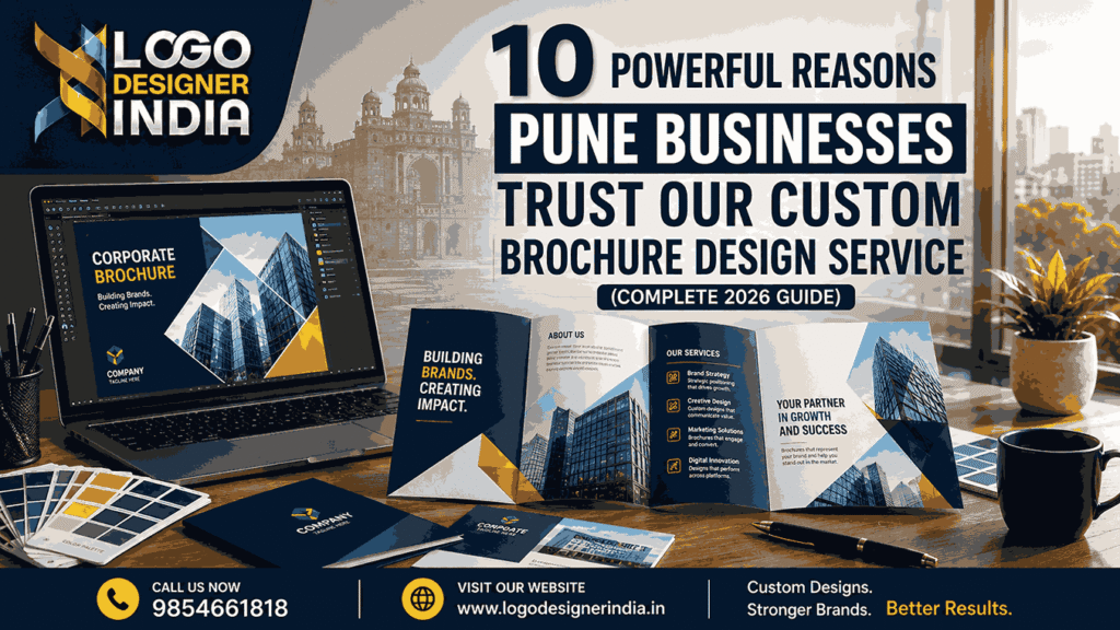 Professional blog cover showcasing custom brochure design service in Pune by Logo Designer India with brochure mockups, designer workspace, contact details, and modern corporate branding.