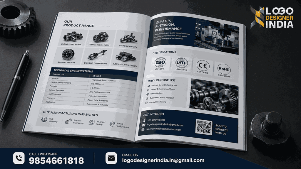 Key elements included by an auto component manufacturing unit brochure designer in Pune