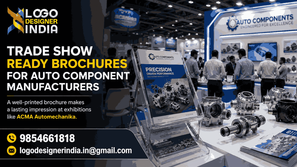 Printed brochure display by an auto component manufacturing unit brochure designer in Pune at a trade show