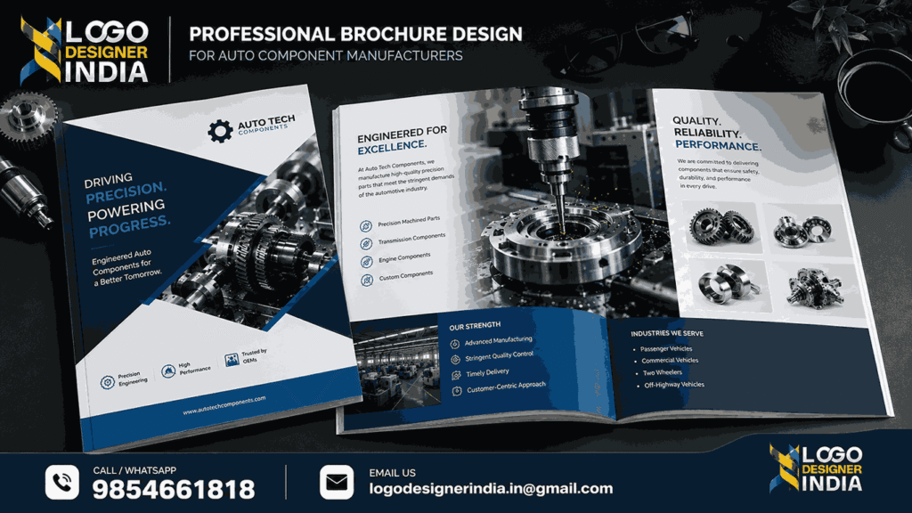 Auto component manufacturing unit brochure designer in Pune showcasing brochure mockup