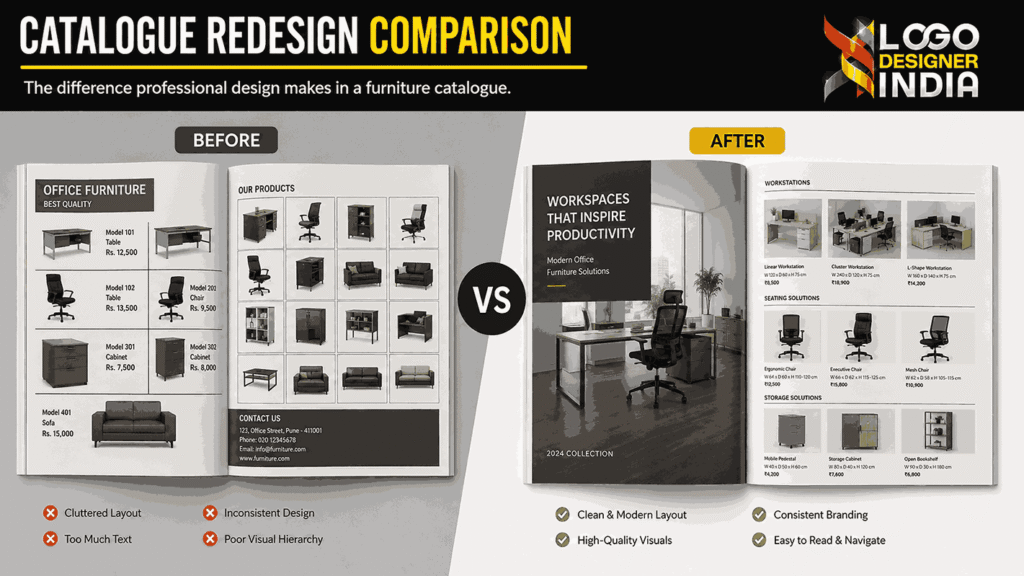 Before and after design by office furniture catalogue designers in Pune
Title: Catalogue Redesign Comparison