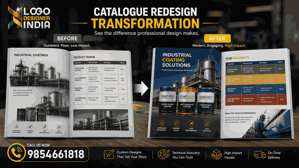 "Before and after catalogue redesign by Industrial paint catalogue designers in Pune"