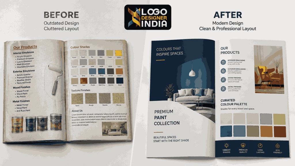 Before and after catalogue redesign by the best paint catalogue design agency in Pune