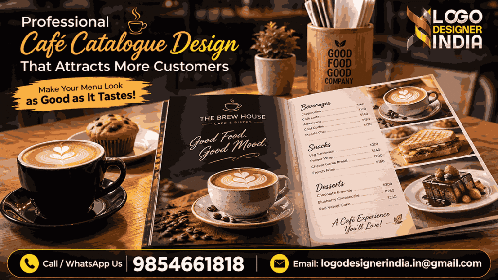 Best catalogue designing services for café showcasing elegant printed menu design