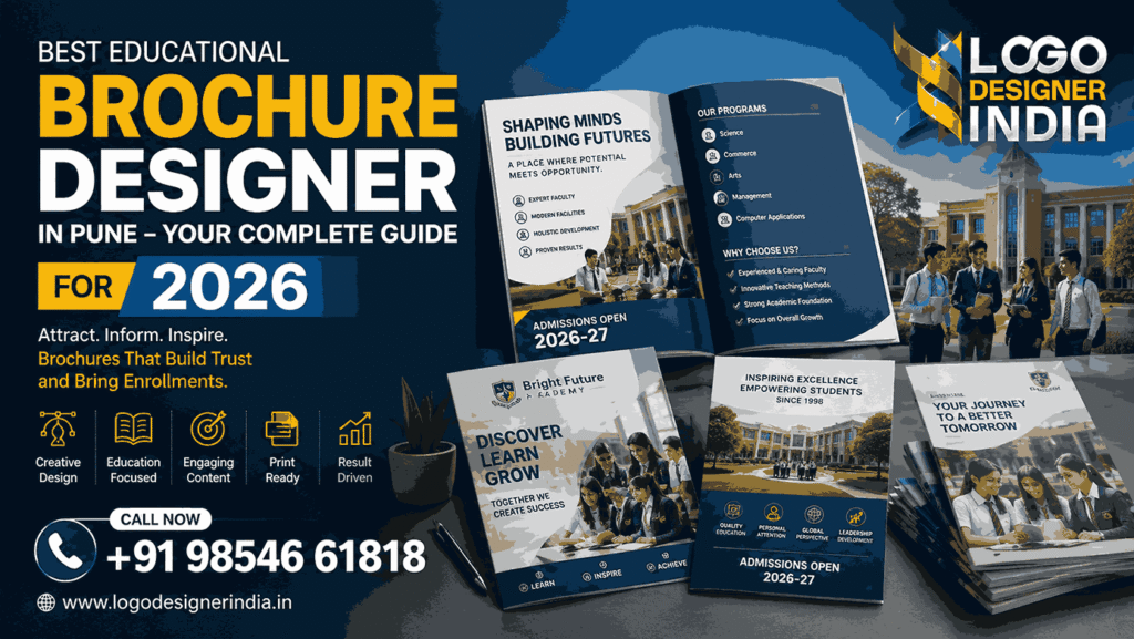 Best Educational Brochure Designer in Pune showcasing modern brochure designs for schools, colleges, and coaching institutes with Logo Designer India branding.