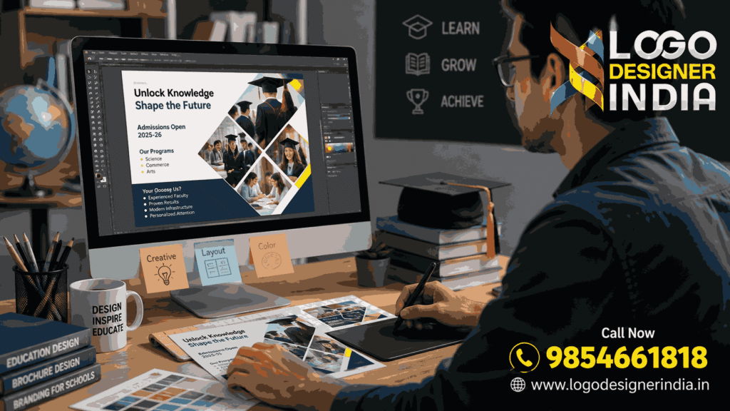 Best Educational Brochure Designer in Pune working on a school brochure design.