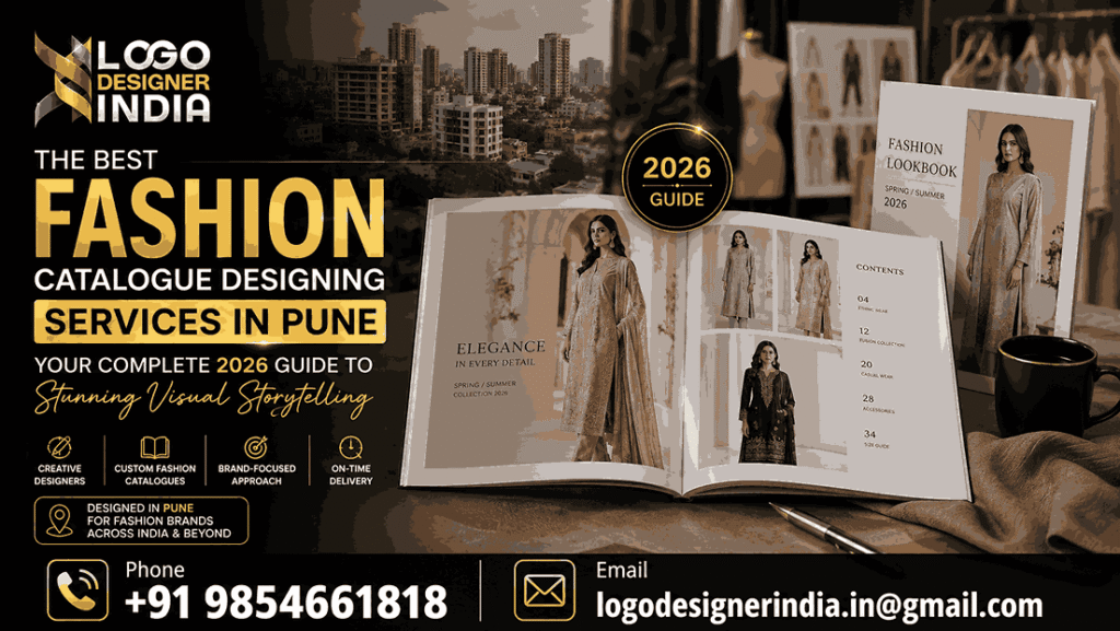 "Best fashion catalogue designing services in Pune 2026 — Logo Designer India banner showing an open fashion lookbook with model photos, contents page, and contact details
