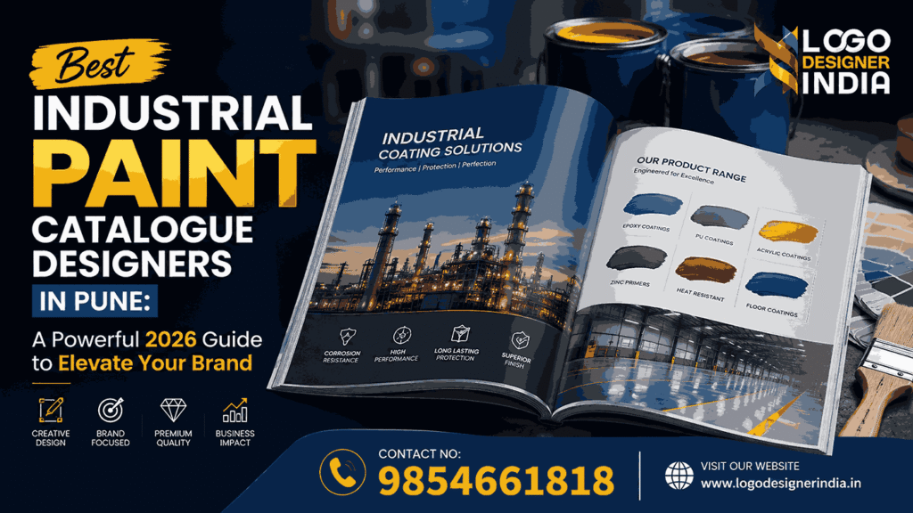 Best Industrial Paint Catalogue Designers in Pune showcasing a premium industrial paint catalogue design by Logo Designer India with professional branding and contact details.
