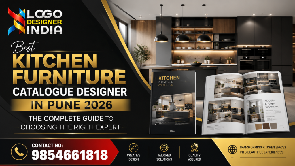 Best Kitchen Furniture Catalogue Designer in Pune 2026 by Logo Designer India showcasing a premium kitchen catalogue design with modern modular kitchen visuals.
