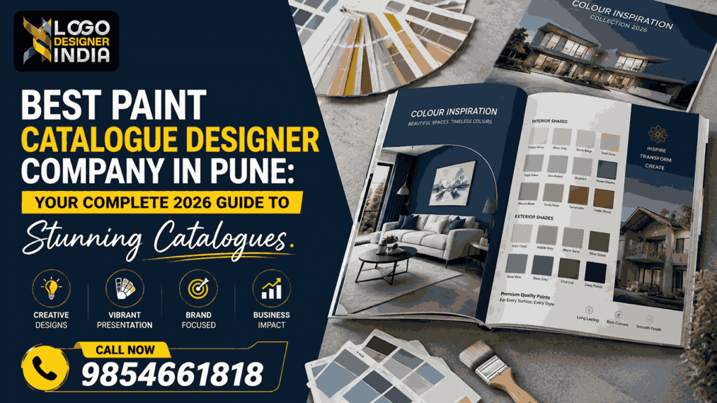 Best Paint Catalogue Designer Company in Pune cover image featuring professional paint catalogue design, colour swatches, Logo Designer India branding, and contact number 9854661818.