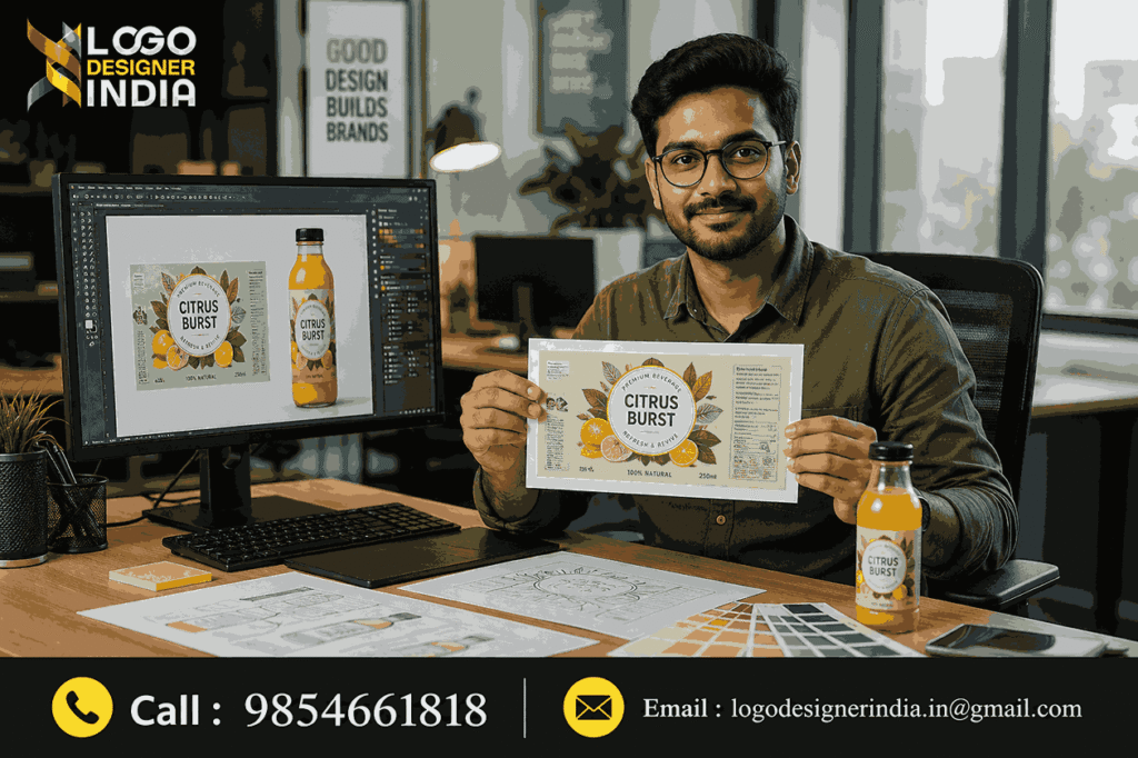 Designer at Beverages Packaging Designer Agency in Pune finalizing a label