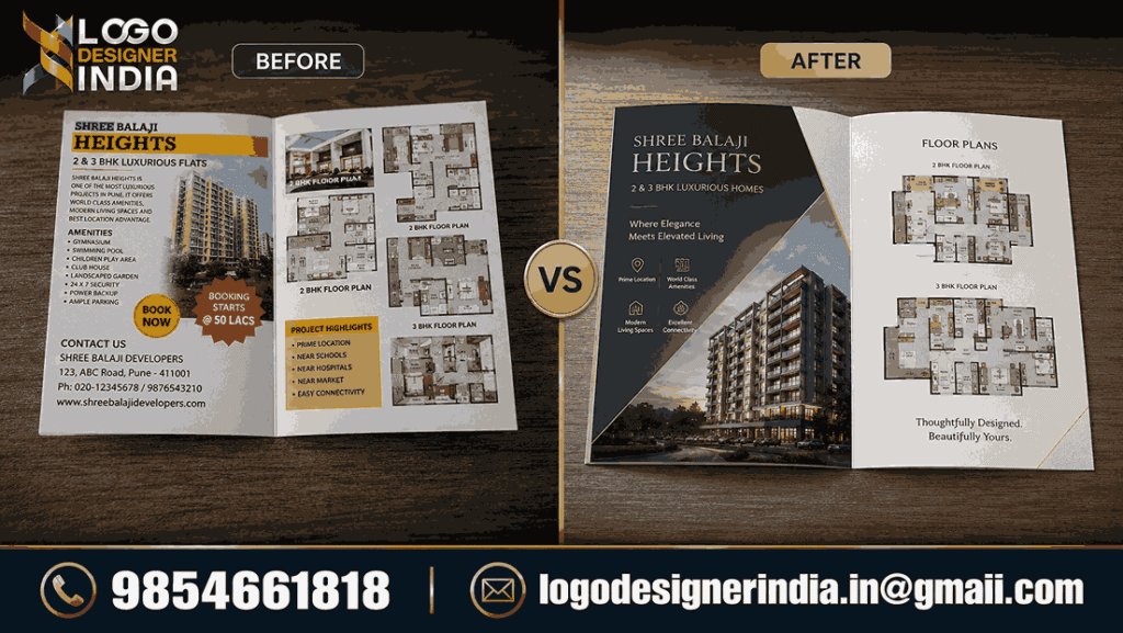 Before and after transformation by a Premium residential project brochure designer in Pune
