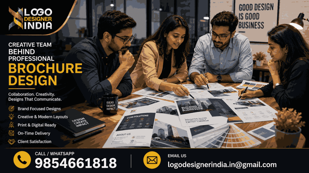 Design team collaborating as a corporate brochure designing company in Pune