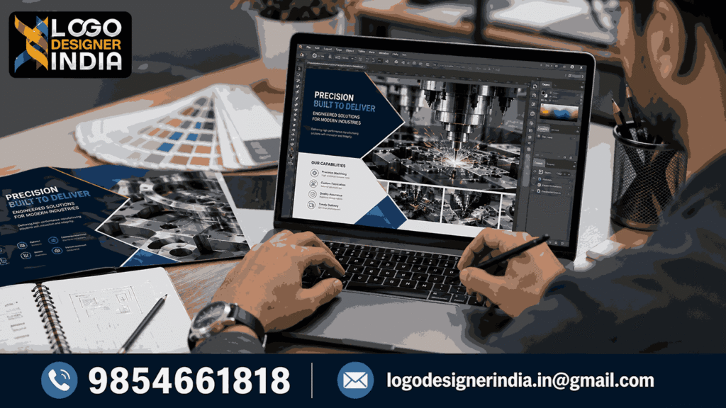 Designer from the best manufacturing brochure designing agency in Pune working on brochure layout