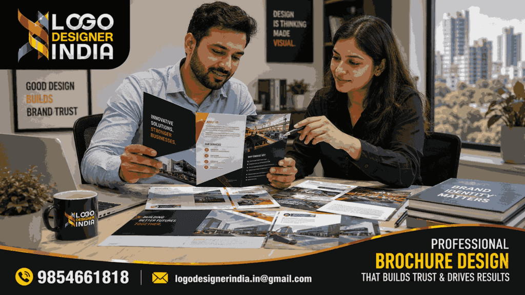 Client reviewing designs from business brochure designing company in Pune