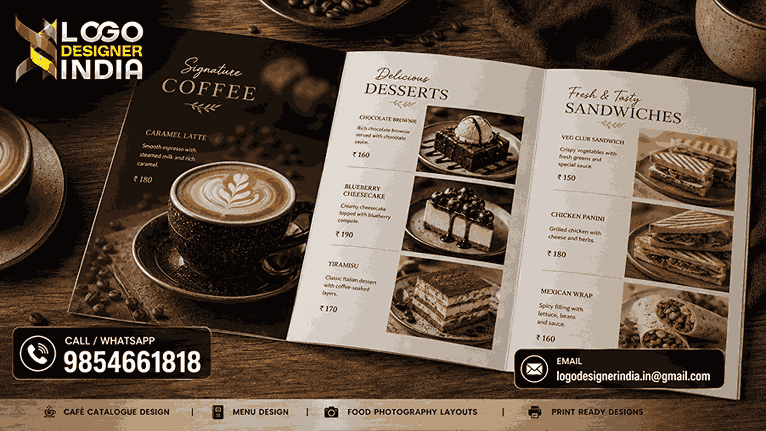 Best catalogue designing services for café focusing on visual hierarchy and food photography