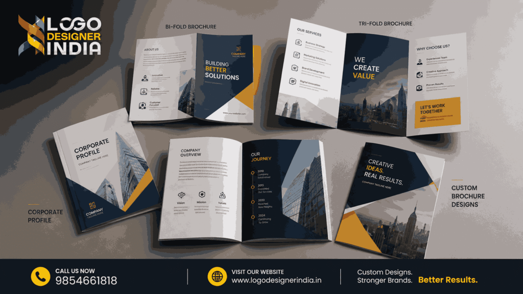 Corporate brochure design portfolio featuring bi-fold, tri-fold, company profile, and custom brochure designs by Logo Designer India.