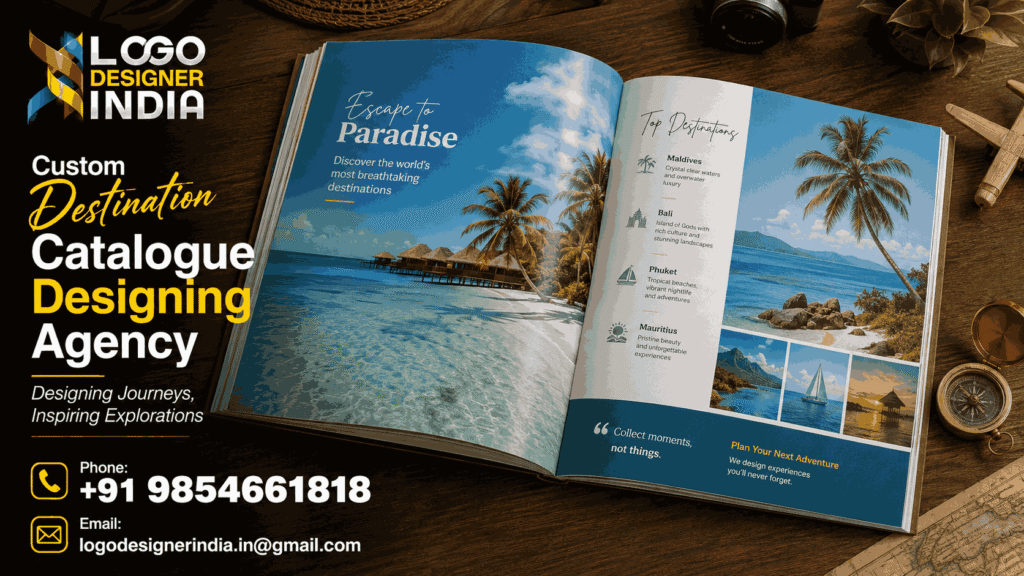 Custom destination catalogue designing agency sample layout with beach destination spread