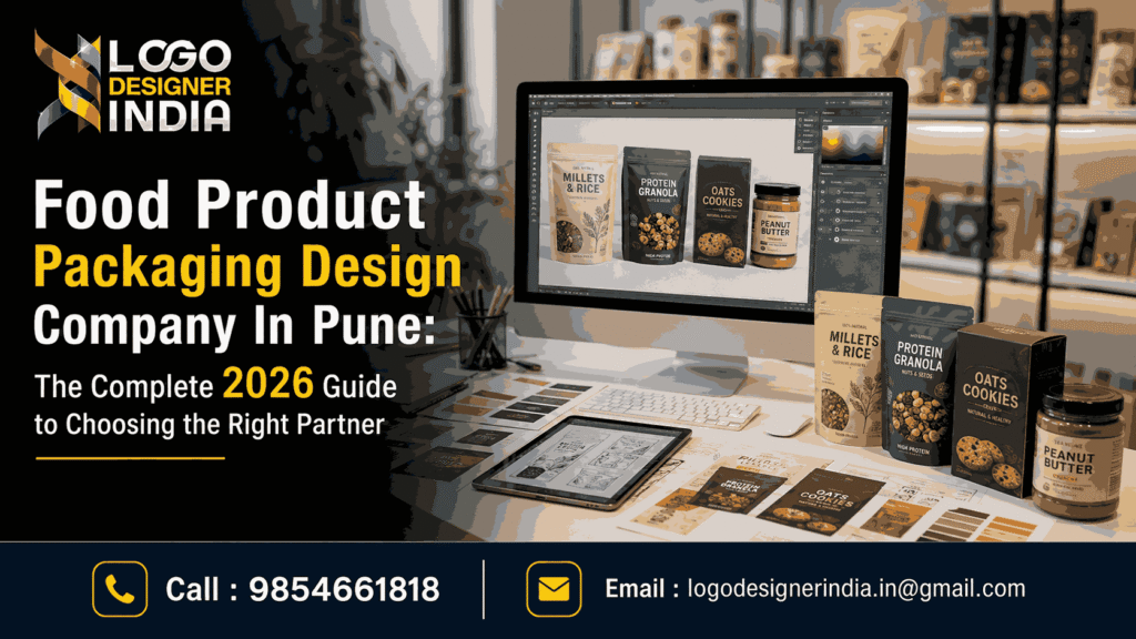 Food Product Packaging Design Company In Pune showcasing modern food packaging mockups in a professional design studio.