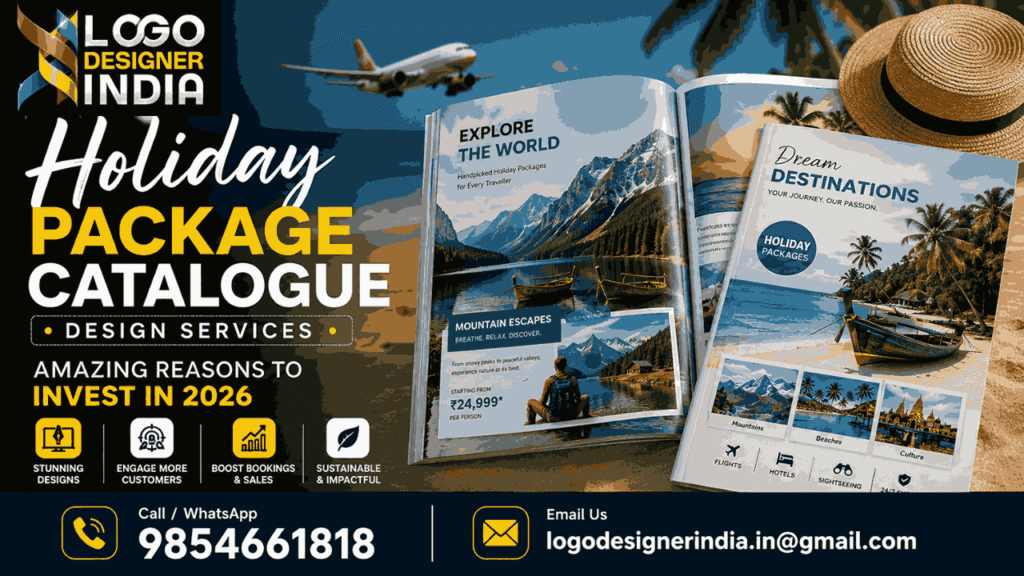 Holiday package catalogue design services by Logo Designer India - travel brochure mockup with mountain and beach destinations