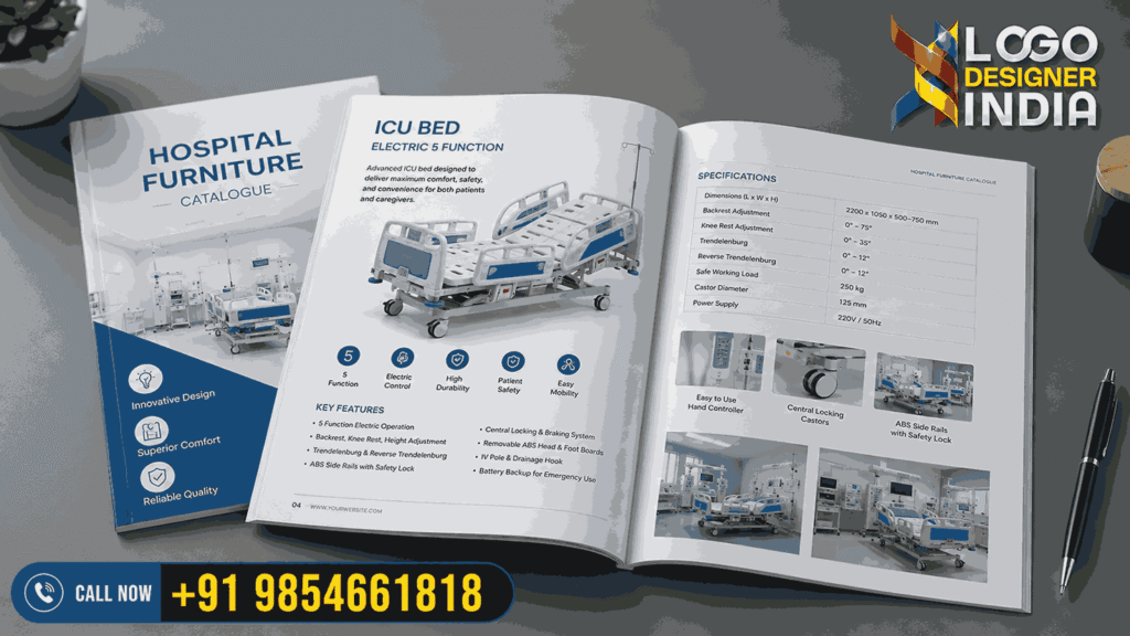 Hospital furniture catalogue designers in Pune creating a professional ICU bed catalogue