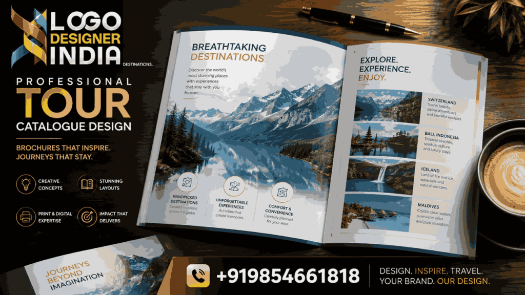 International tour catalogue layout designer showcasing a professionally designed travel brochure spread