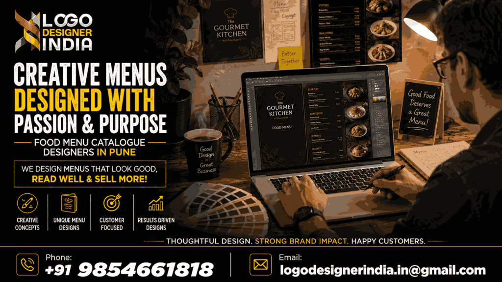 Creative process of food menu catalogue designers in Pune at work
