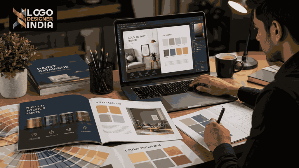 Designer creating a catalogue for the best paint catalogue design agency in Pune