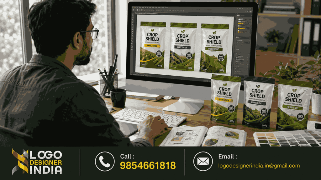 Designer at Pesticides Packaging Design Company In Pune reviewing pouch packaging mockups